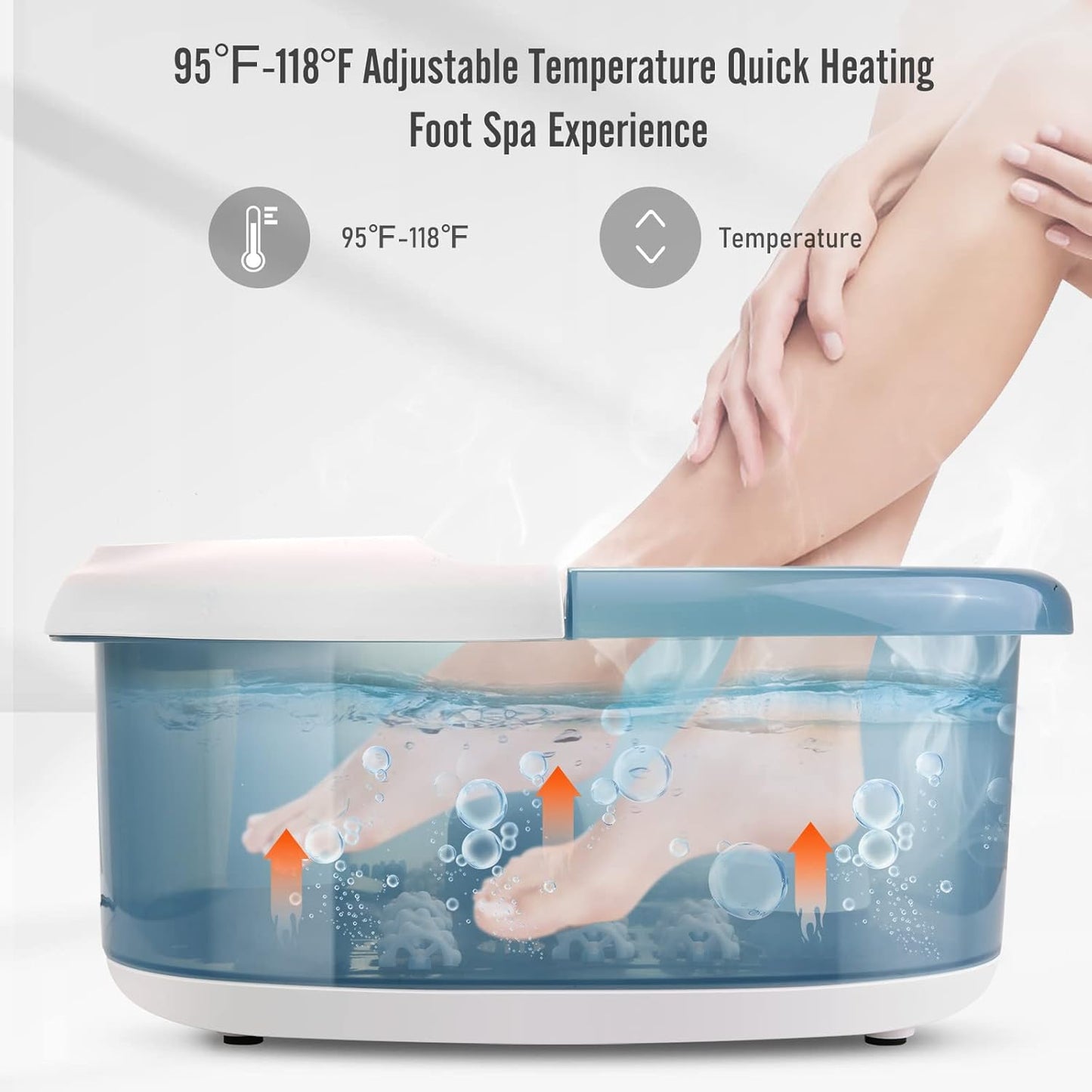 Masajeador de baño de pies con calor, burbujas, vibración, y 14 rodillos de masaje.