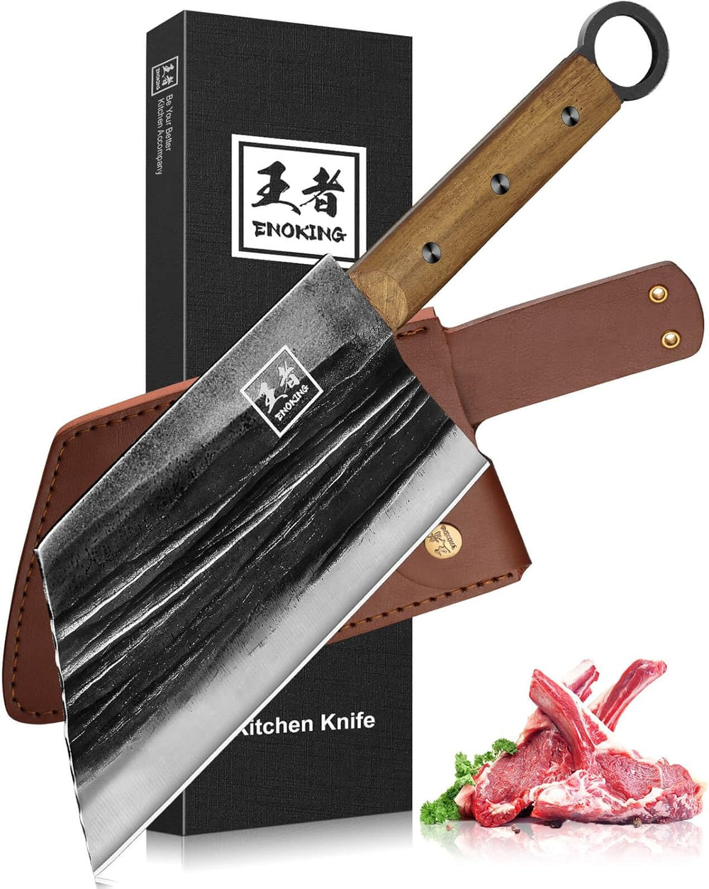 Cuchillo de carnicero de 7.8", con funda y mango de madera forjado.