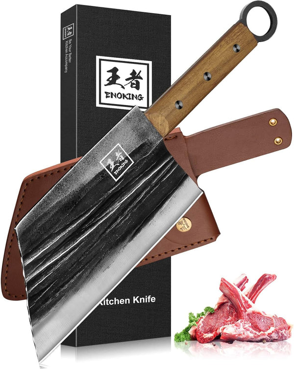 Cuchillo de carnicero de 7.8", con funda y mango de madera forjado.