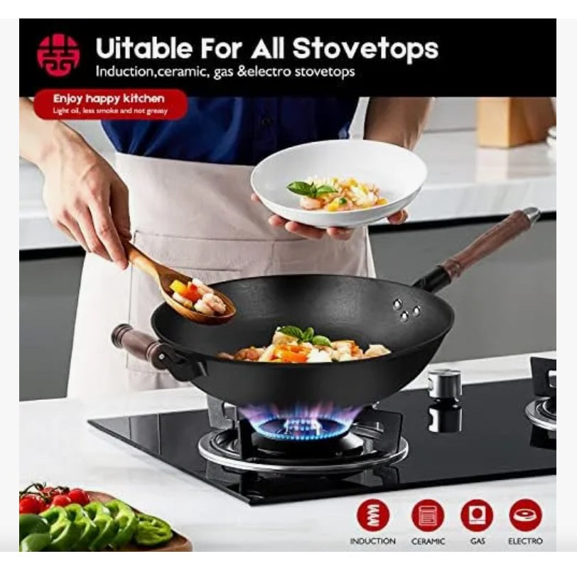 Sartén de hierro  grande con tapa y mango de madera, WANGYUANJI