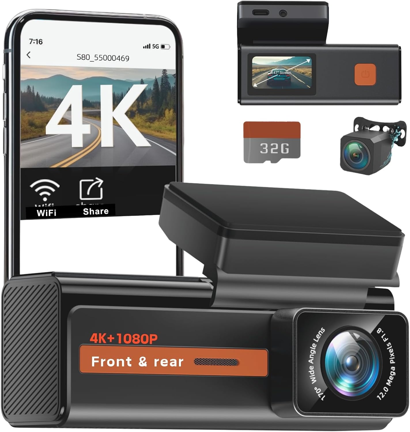 Dash Cam delantera y trasera, cámara de salpicadero dual.