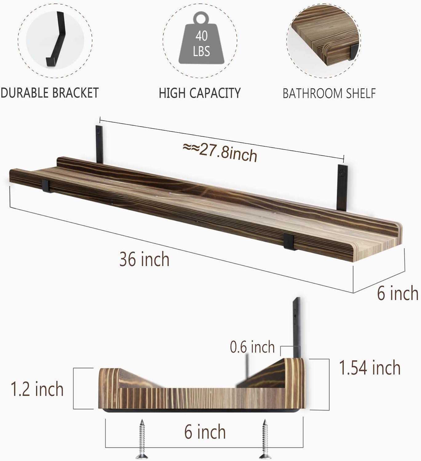Juego de repisas flotantes, madera natural de pino, 36", forma de U.