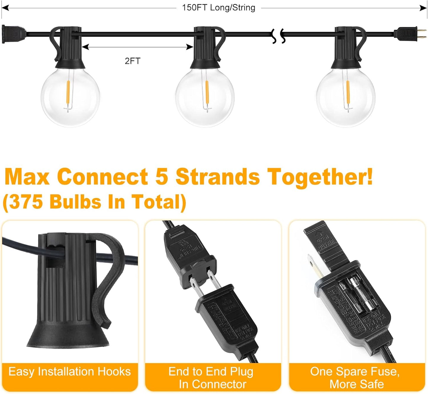 Tira de luces LED G40 de 150 pies para exteriores, impermeables.