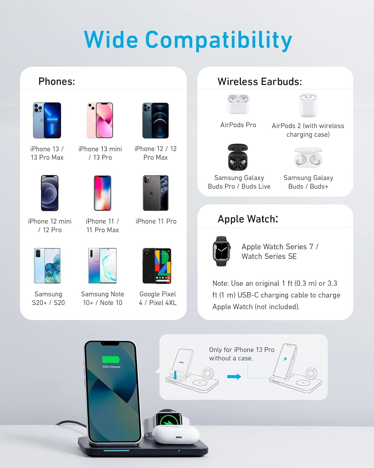 Anker Estación de carga inalámbrica plegable 3 en 1 con adaptador.