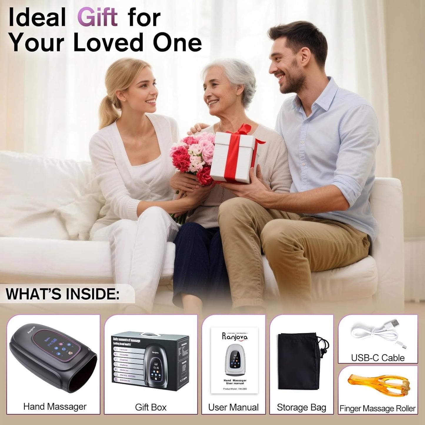 Masajeador de manos con calor y compresión, inalámbrico.