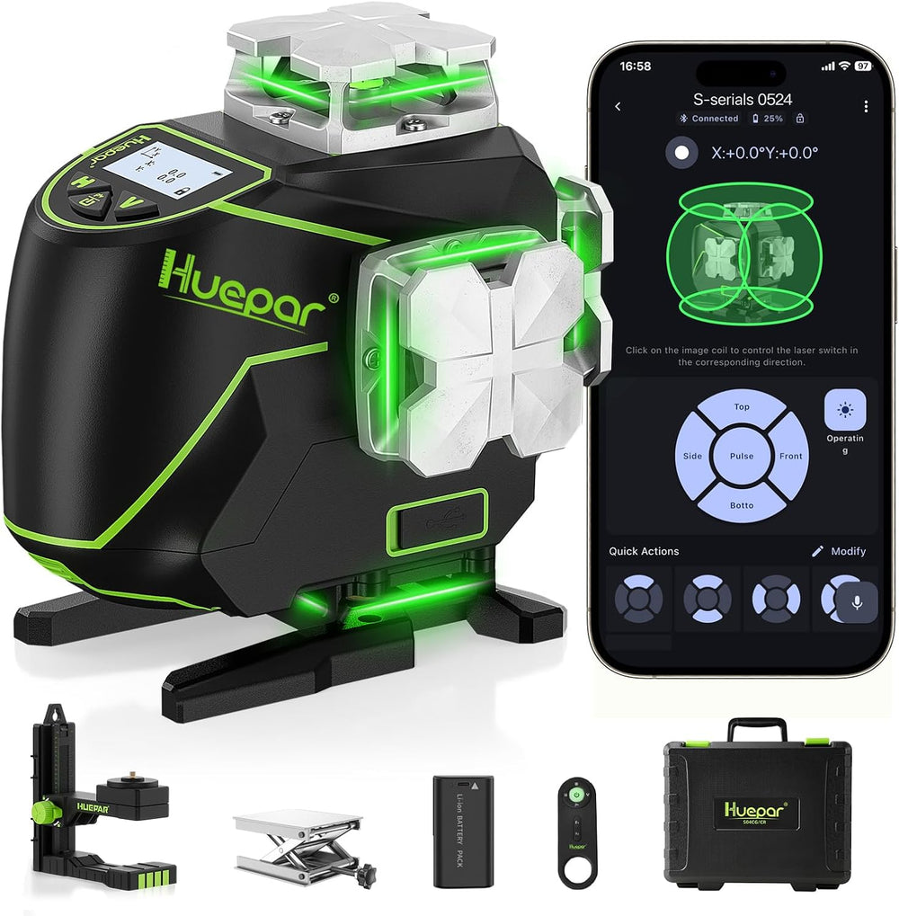Nivel Láser Huepar 4D 4x360 Verde Bluetooth Autonivelante  S04CG