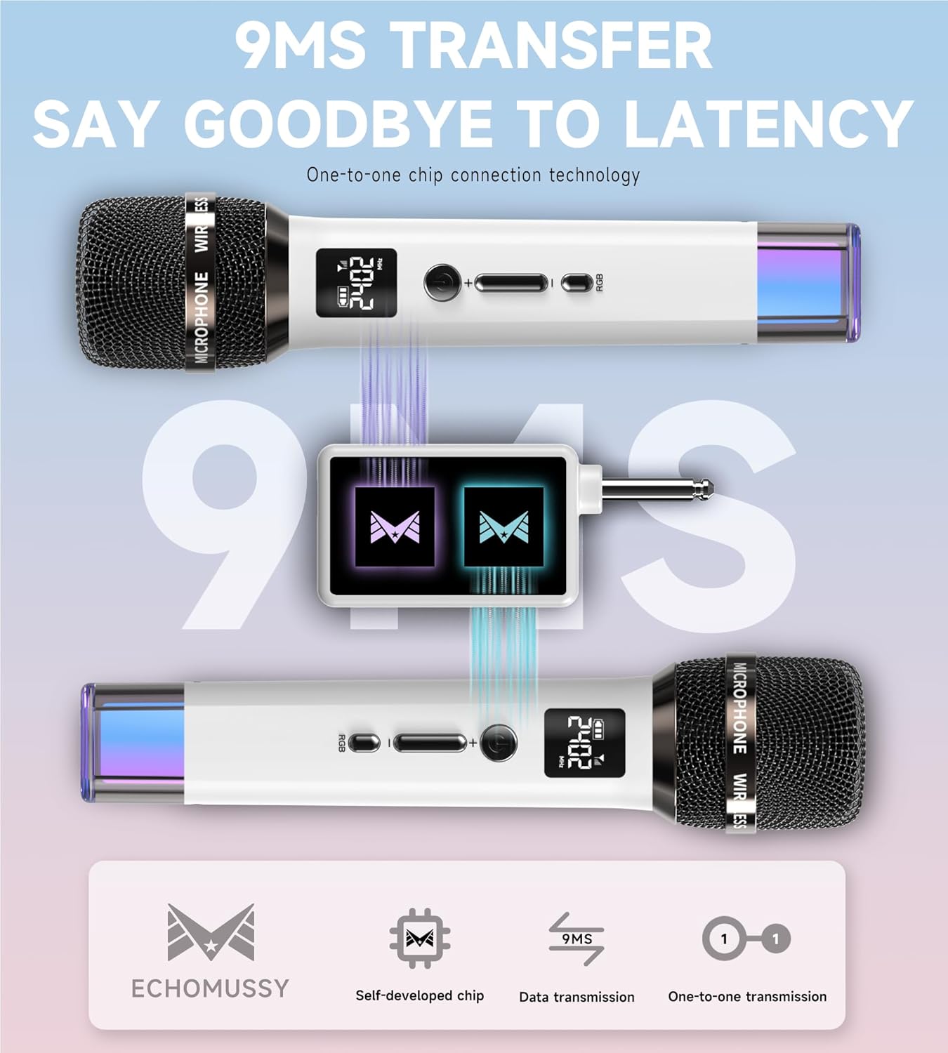 Micrófonos inalámbricos, conexión chip uno a uno, luces LED.