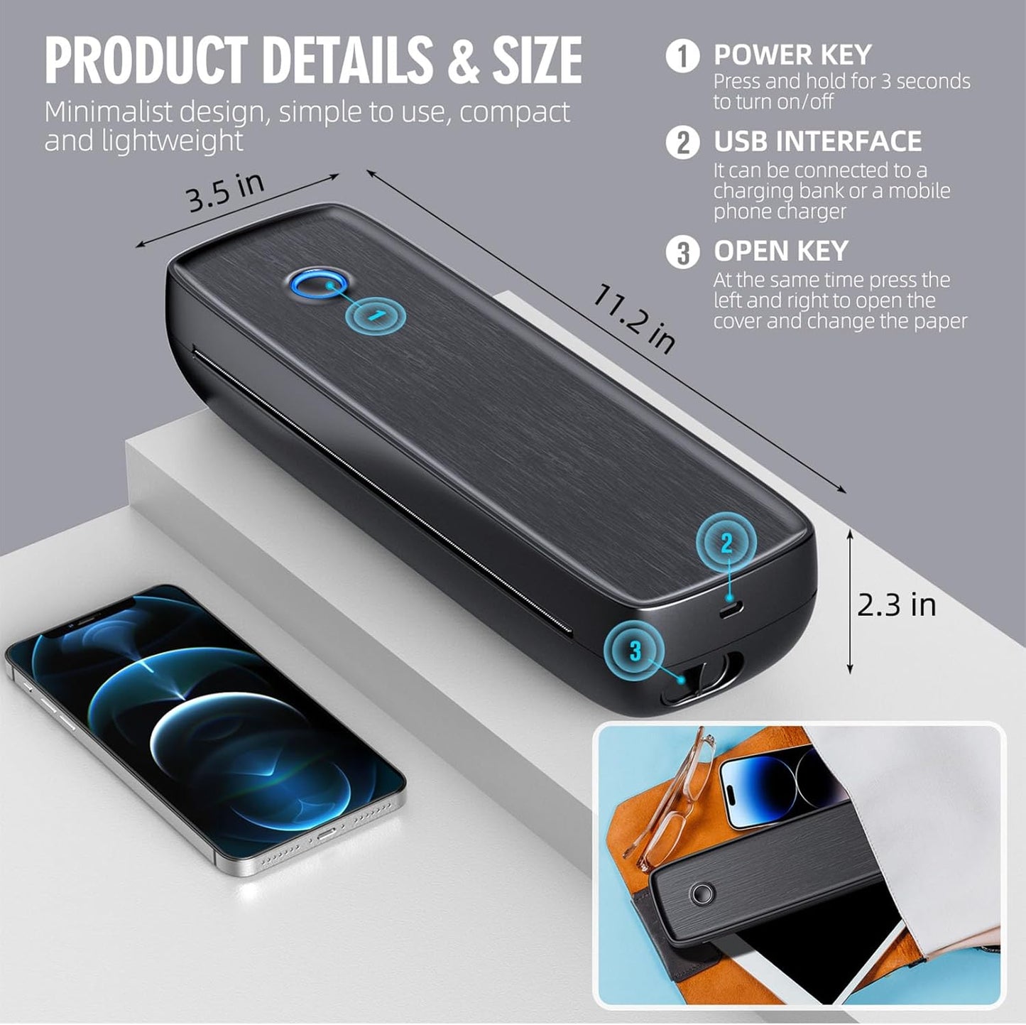 Impresora portátil inalámbrica para viajes, soporte térmico.