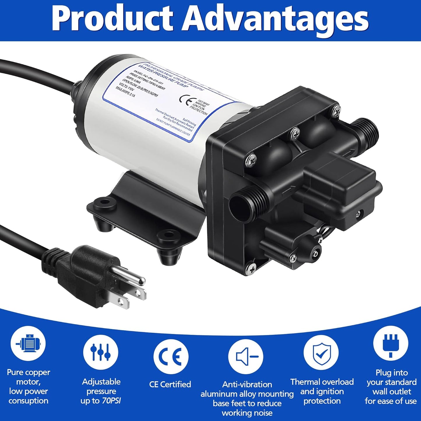 Bomba de presión de agua de 110 V, 5.5 GPM, 70 PSI, autocebante.