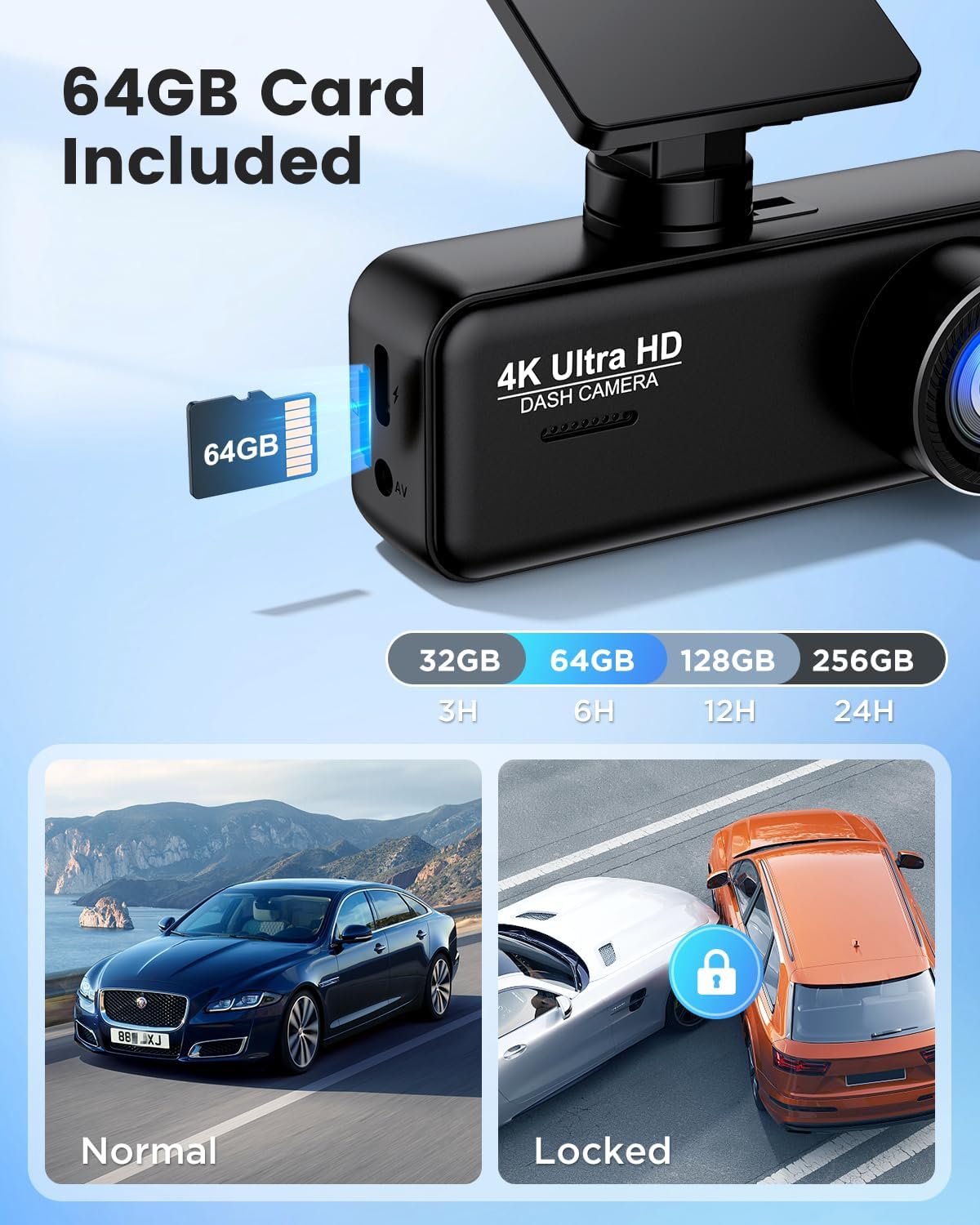 Dash Cam delantera y trasera 4K, cámara WiFi para coche.