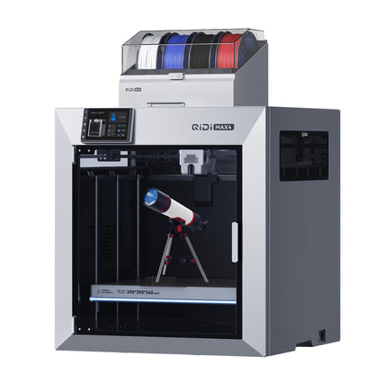 Impresora 3D QIDI Max4 Combo plateada con cámara calefaccionada y almacenamiento de filamento