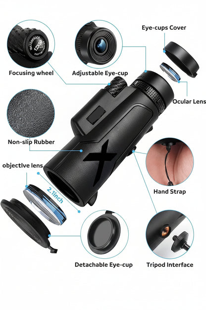Telescopio monocular 12x50, con soporte para smartphone y trípode.