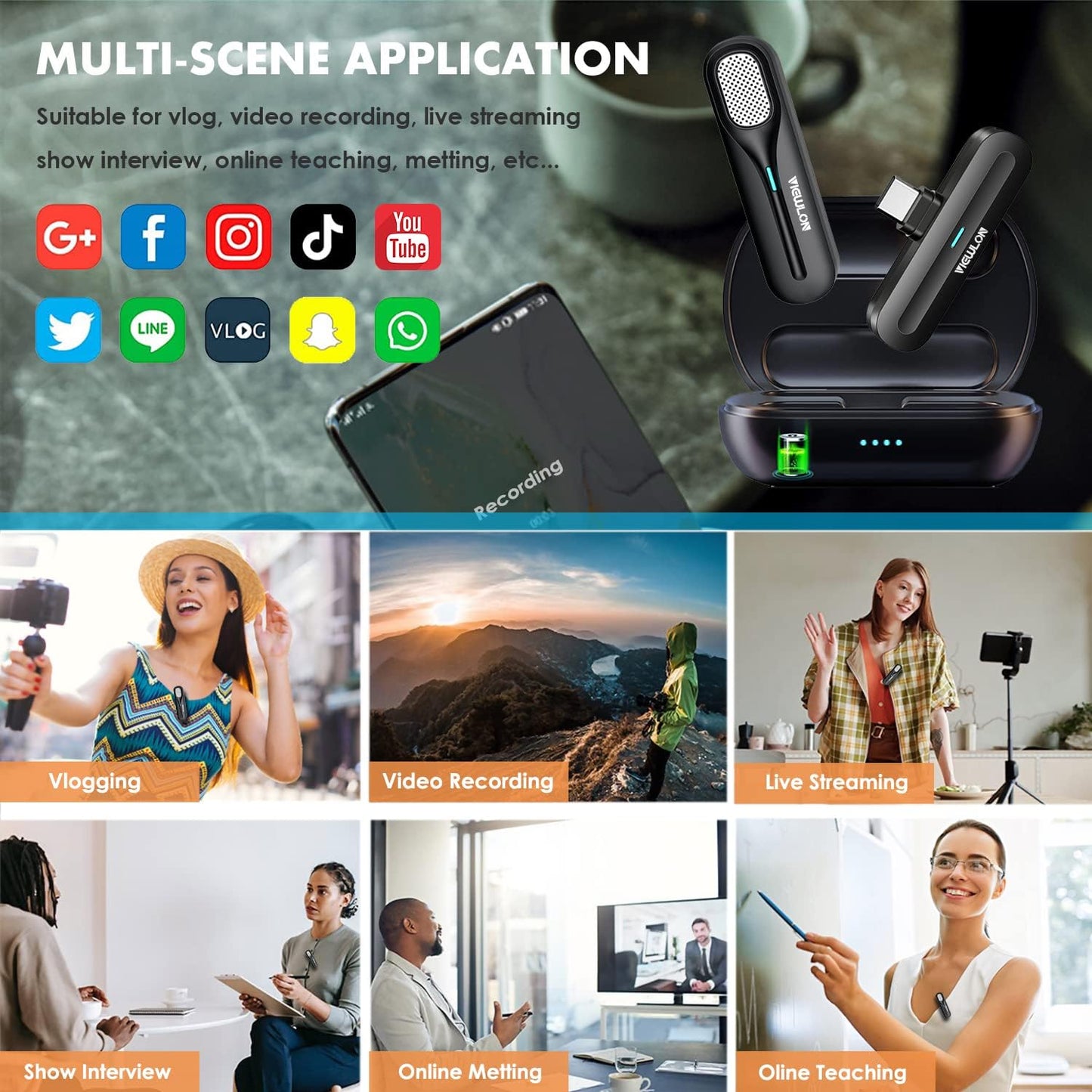 Micrófono inalámbrico Lavalier, con funda de carga, Plug & Play.