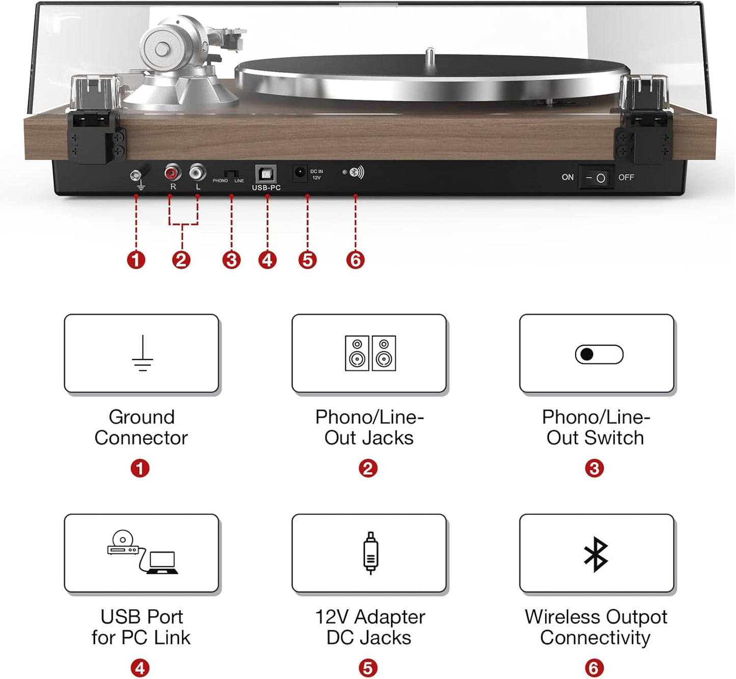 Reproductor de discos, transmisión por correa, 33-45 rpm.