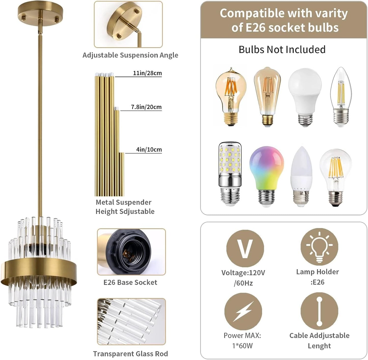 Lámparas colgantes de cristal, color latón, altura ajustable.