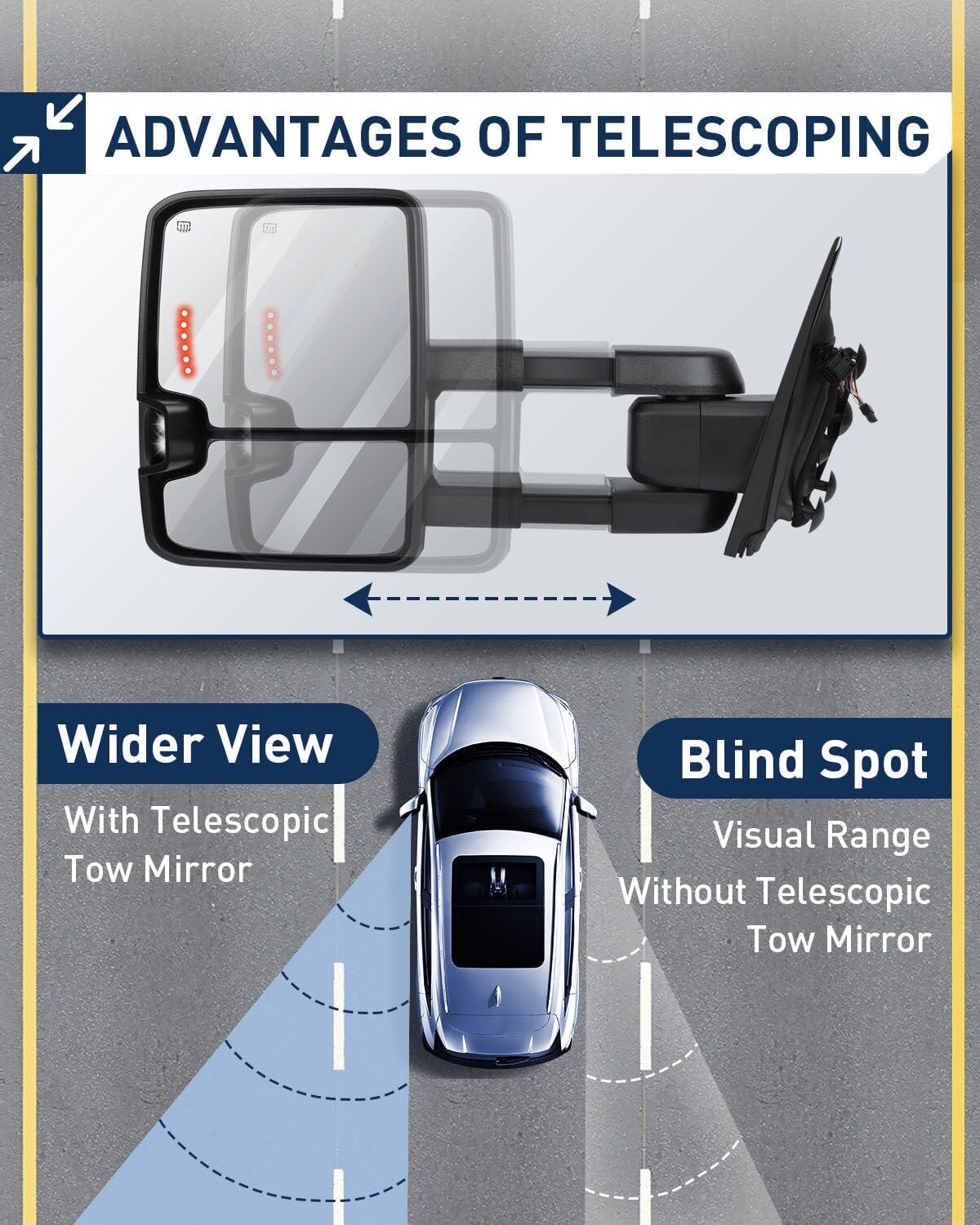 Espejo de remolque con luces de marcha atrás,carcasa Derecho. Silverado