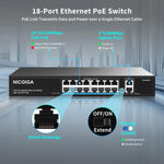 Conmutador PoE de 16 puertos a 250 W con puerto de enlace ascendente.
