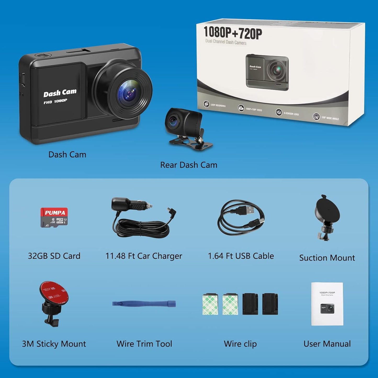 Dash Cam delantera y trasera, Full HD 1080P, con tarjeta SD.