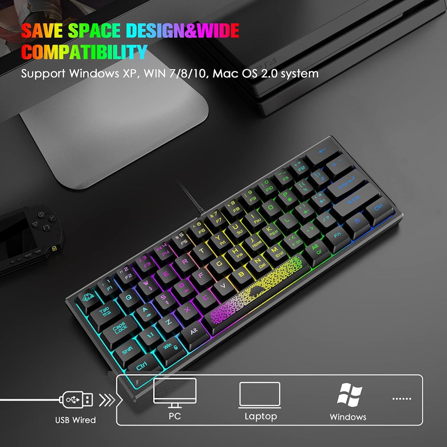 ZIYOU LANG Teclado para videojuegos K61 60% mini portátil.