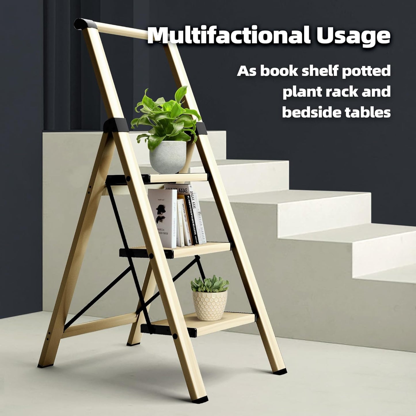 Escalera, aluminio de 3 escalones, plegable con asa, antideslizante.