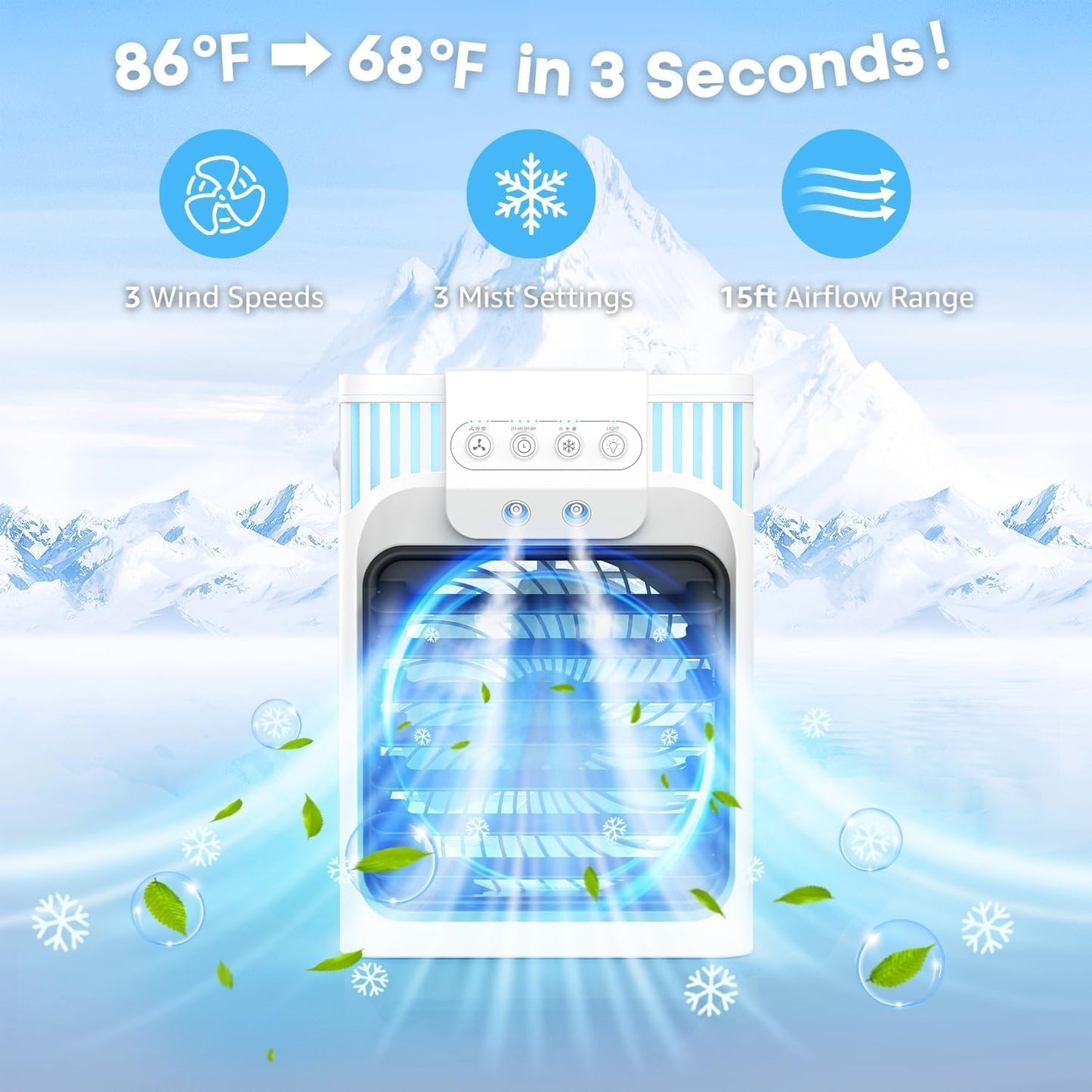 Aire portátil, 3 velocidades, 3 ajustes de niebla, tanque agua (USADO).