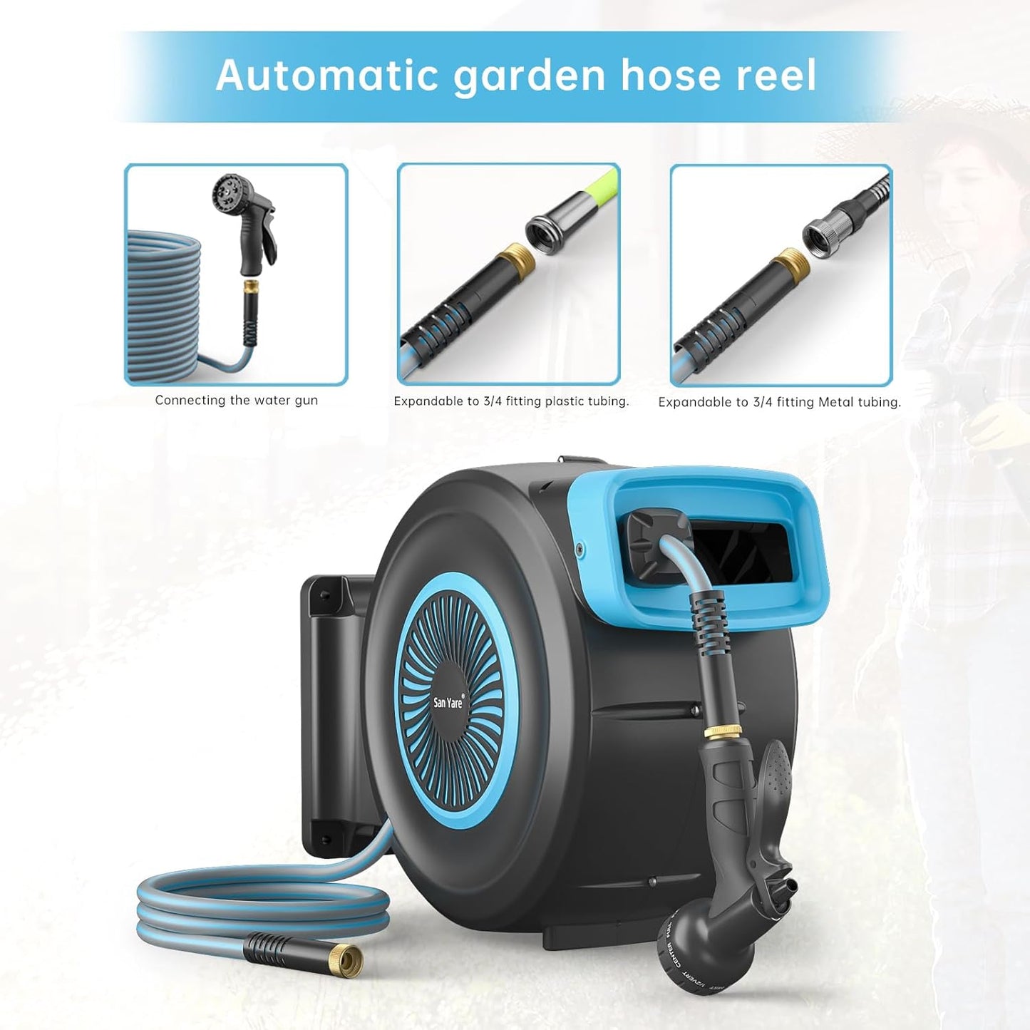 Carrete retráctil de manguera de jardín de 1/2 pulgadas,82FT.