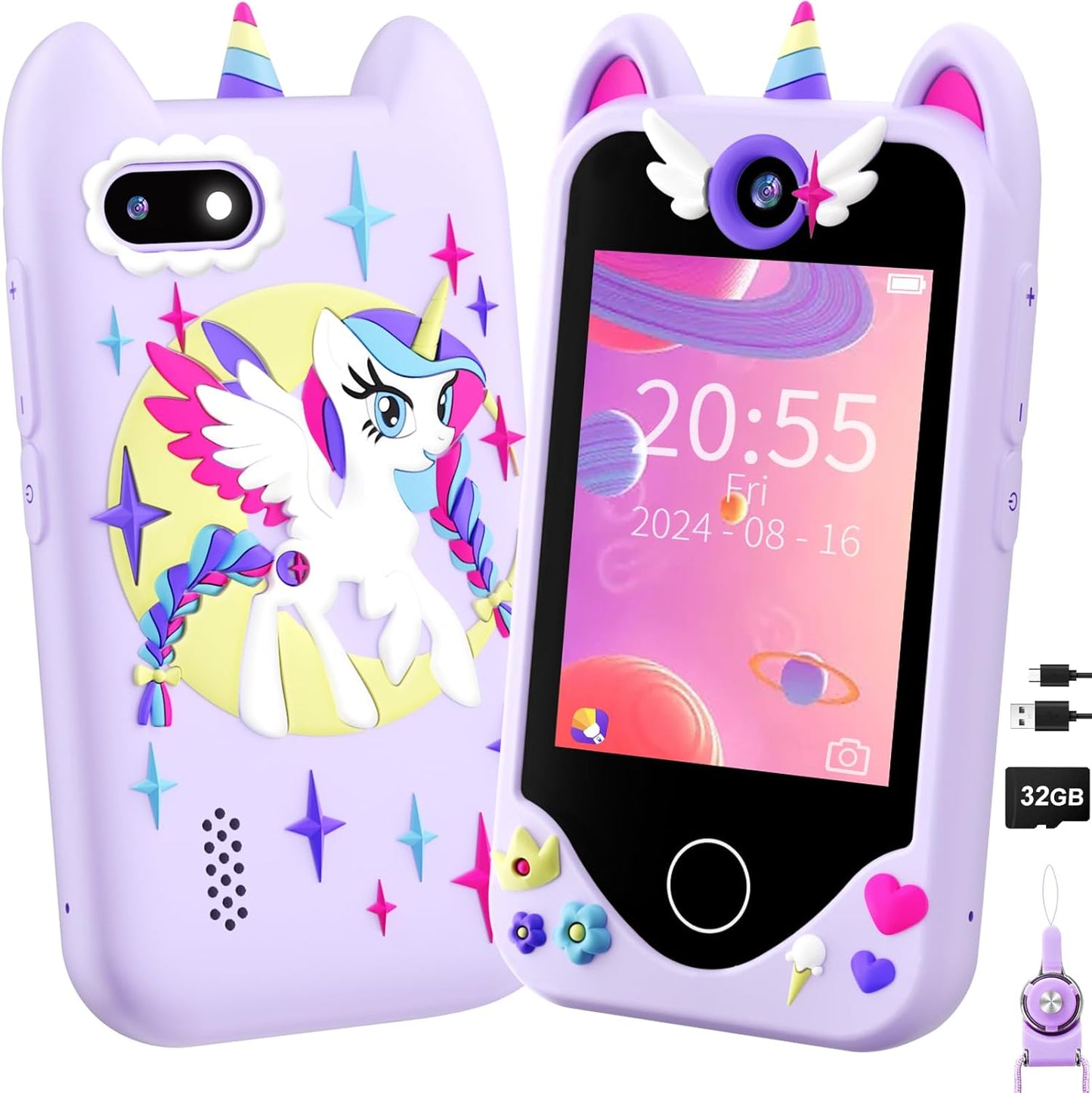Teléfono inteligente para niñas con cámara dual de Unicornio (Morado)