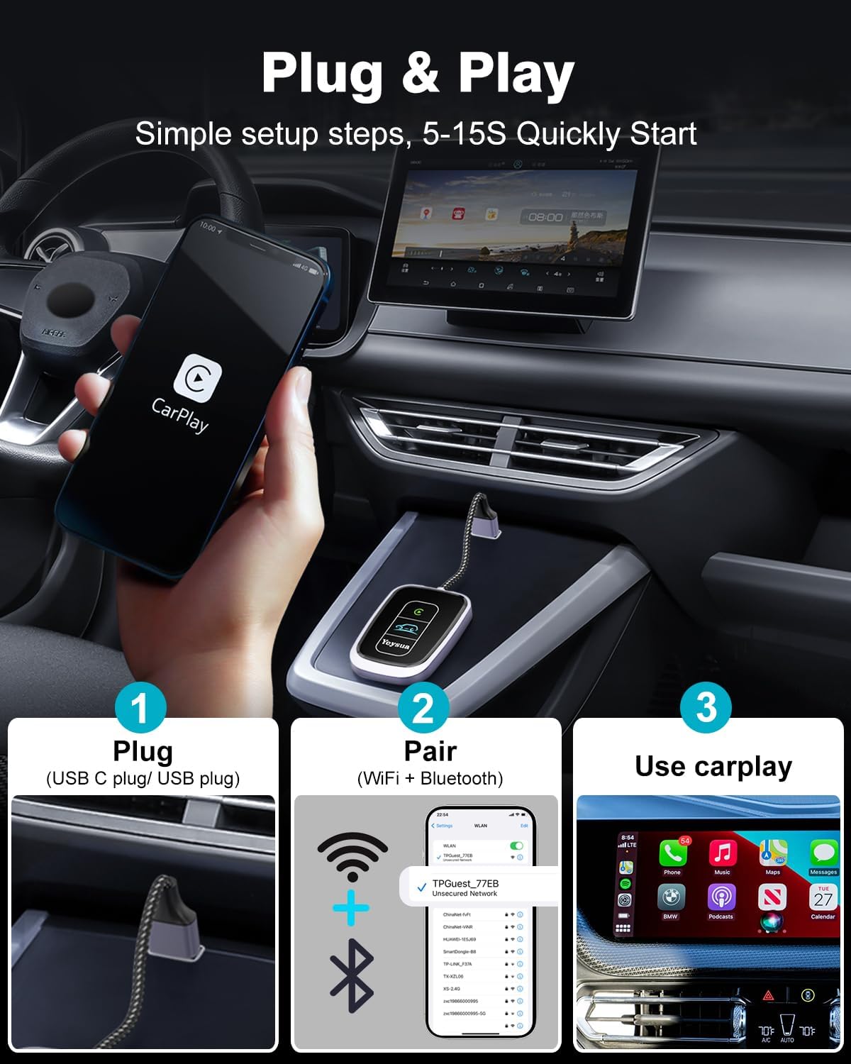 Adaptador inalámbrico CarPlay Bluetooth Yeysua (USADO)