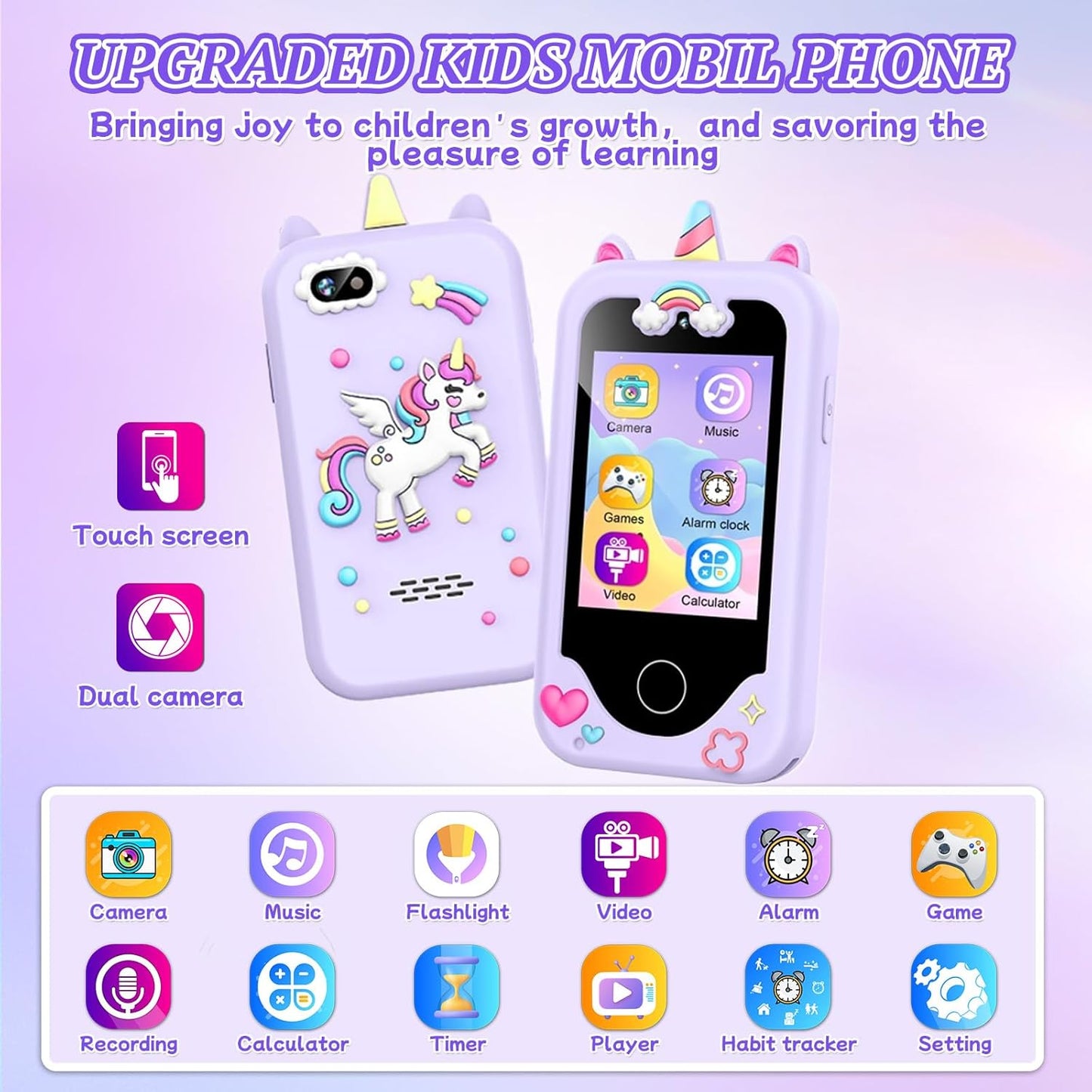 Teléfono infantil para niñas, de 3 a 8 años, táctil, cámara dual 8G.