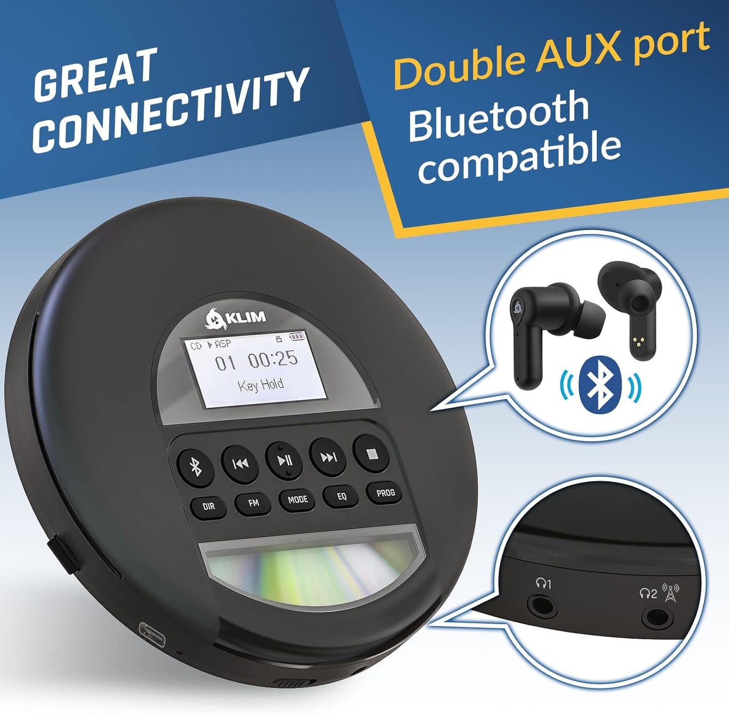 Reproductor de CD portátil, Klim Nomad, Tarjeta TF, Radio FM.