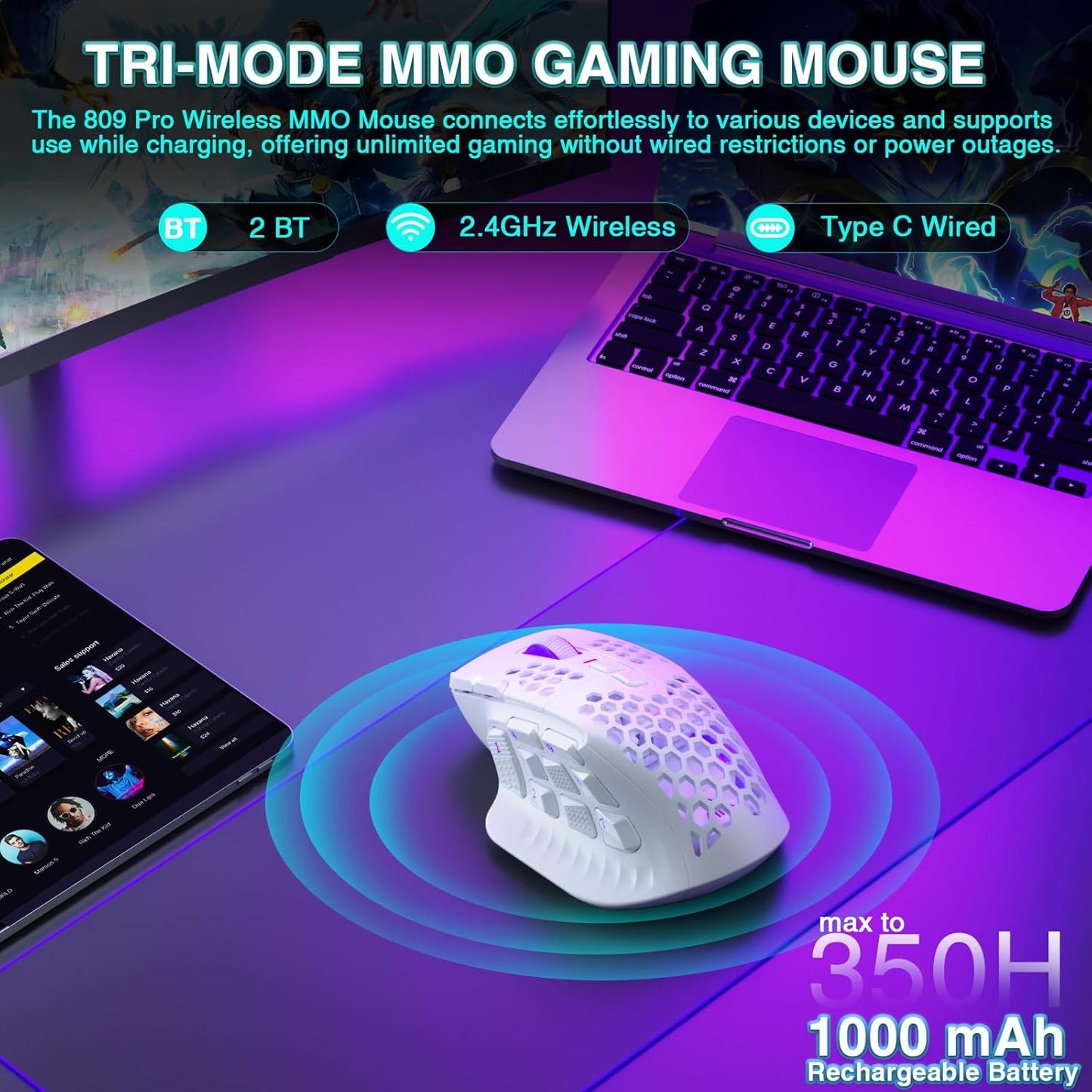 SM809 Pro Mouse inalámbrico MMO para juegos con 9 botones laterales, SOLAKAKA