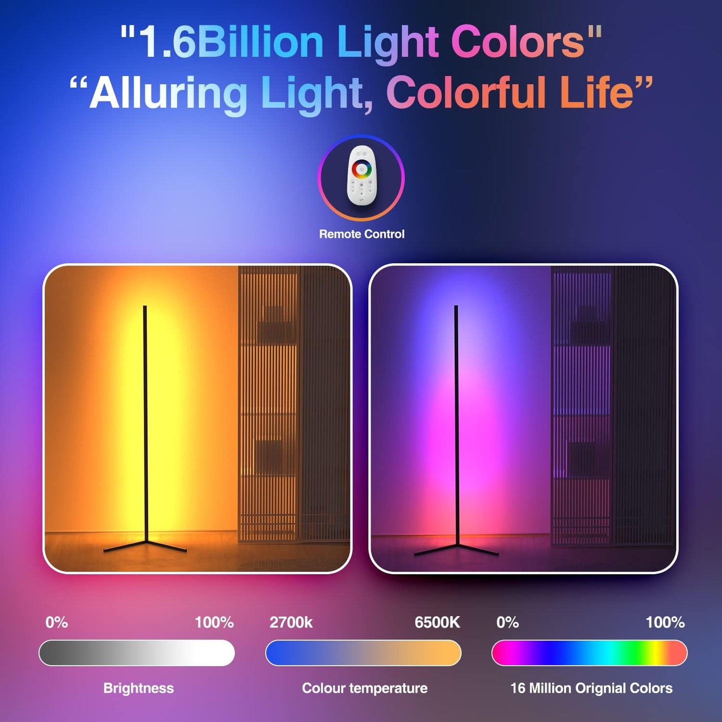 Lámpara de pie para esquina con RGB, con Control Remoto, negra.