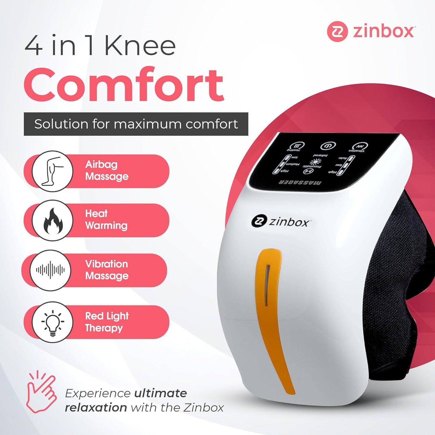 Masajeador de rodilla portátil 4 en 1, vibración y calor calmante.