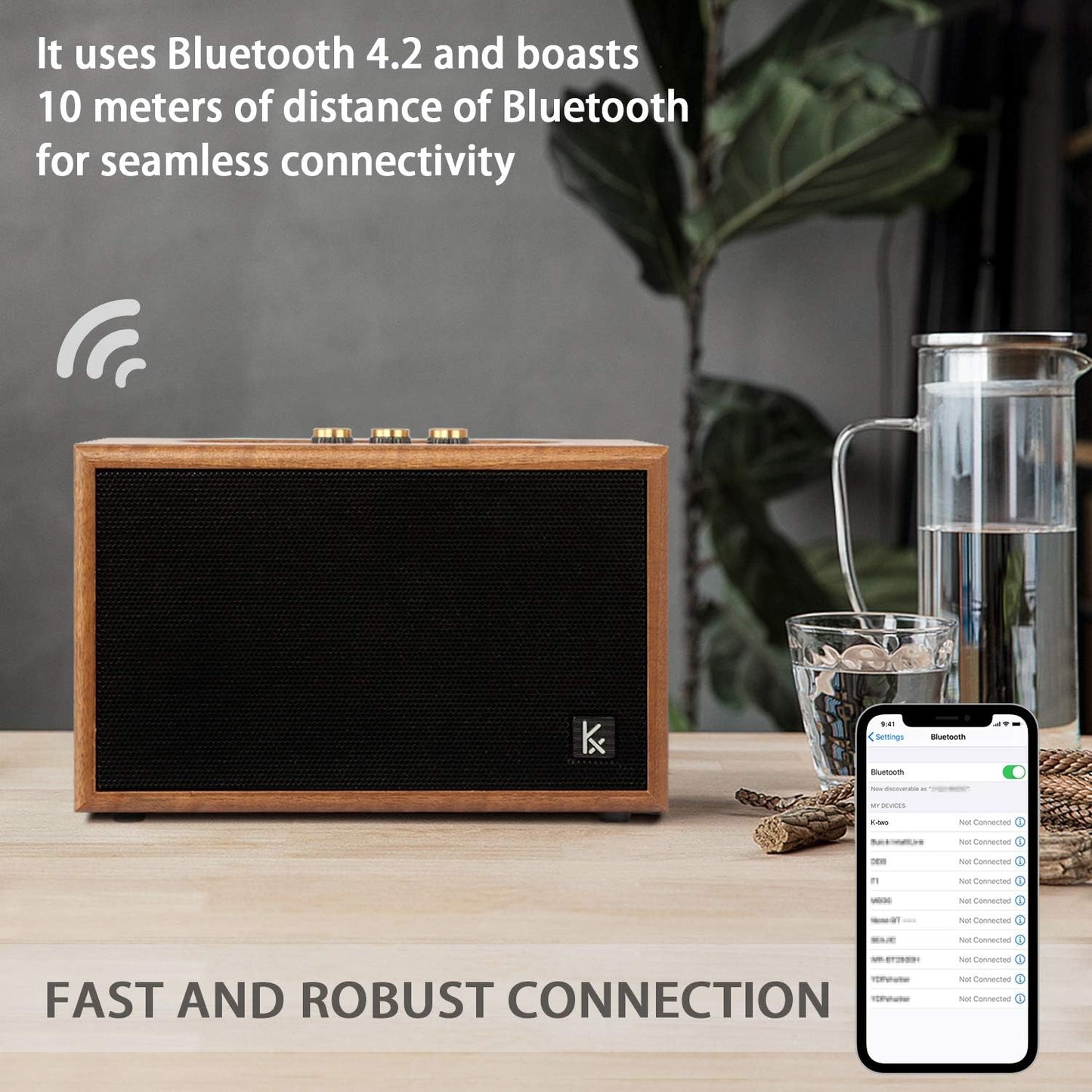 KONEX, Altavoz Bluetooth, madera retro, portátil, vintage.