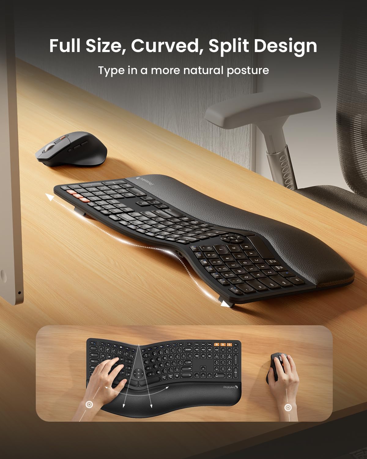 ProtoArc Teclado y mouse ergonómicos, Bluetooth, recargable. NEGRO