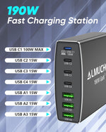 Estación de carga USB C, de 190 W, 7 puertos PD 3.0, Almucher.