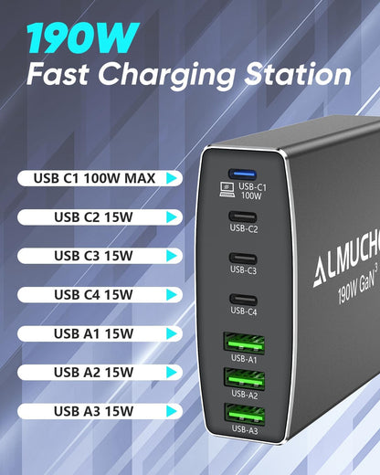 Estación de carga USB C, de 190 W, 7 puertos PD 3.0, Almucher.