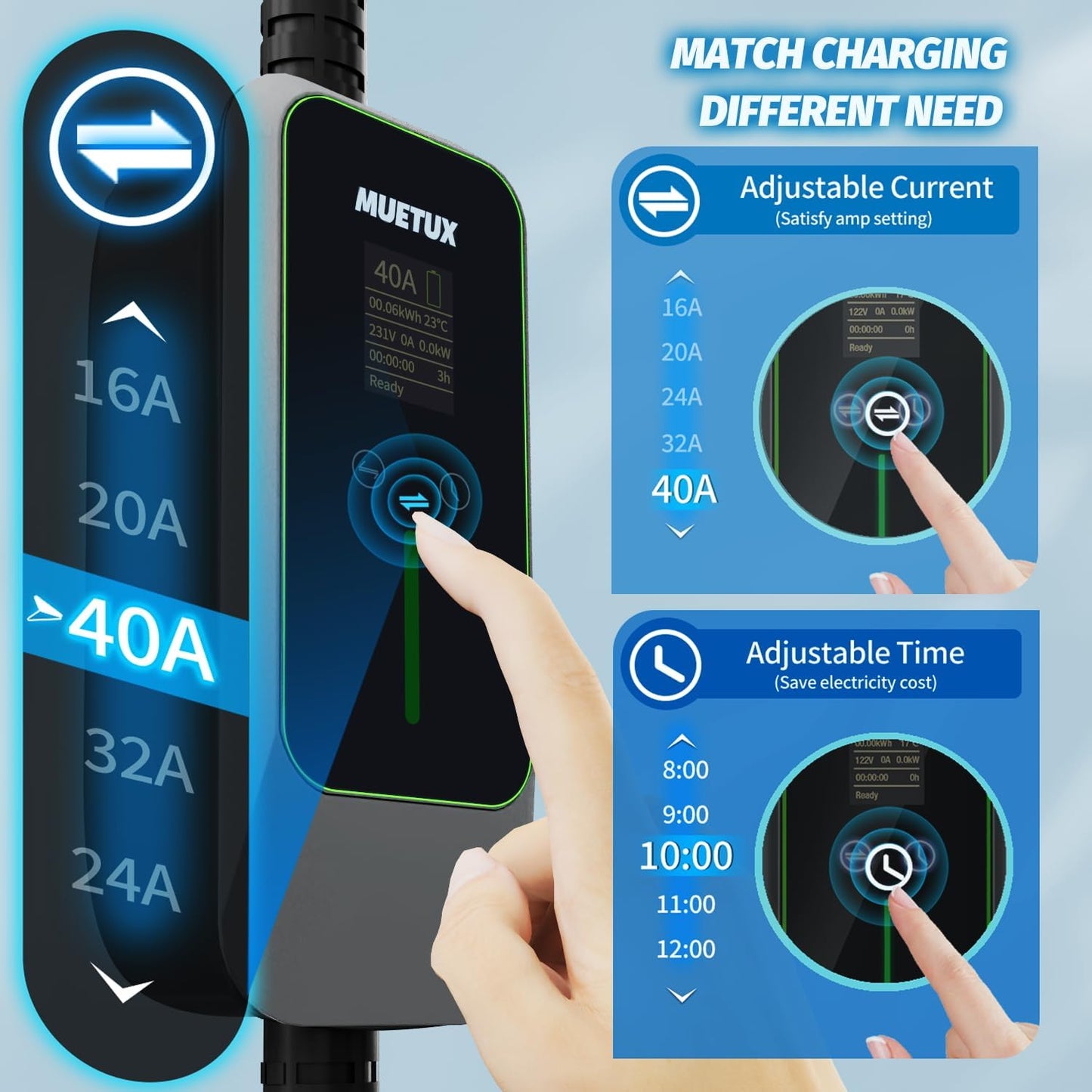 MUETUX Cargador EV de nivel 2 y 1 (16-40 amperios, 110 V-240 V,