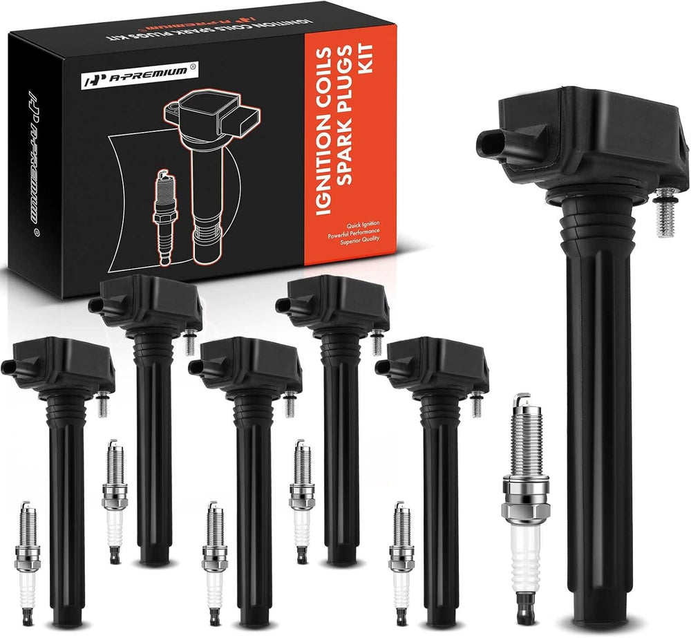 Kit de 6 bobinas de encendido (negras) y 6 bujías de iridio, A-Premium.
