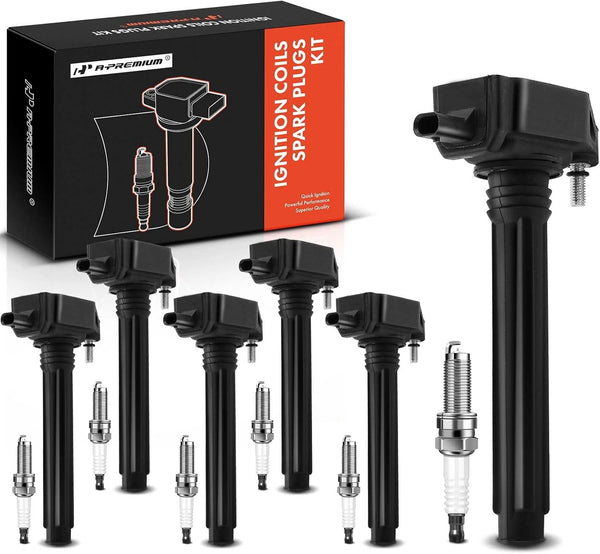 Kit de 6 bobinas de encendido (negras) y 6 bujías de iridio, A-Premium.