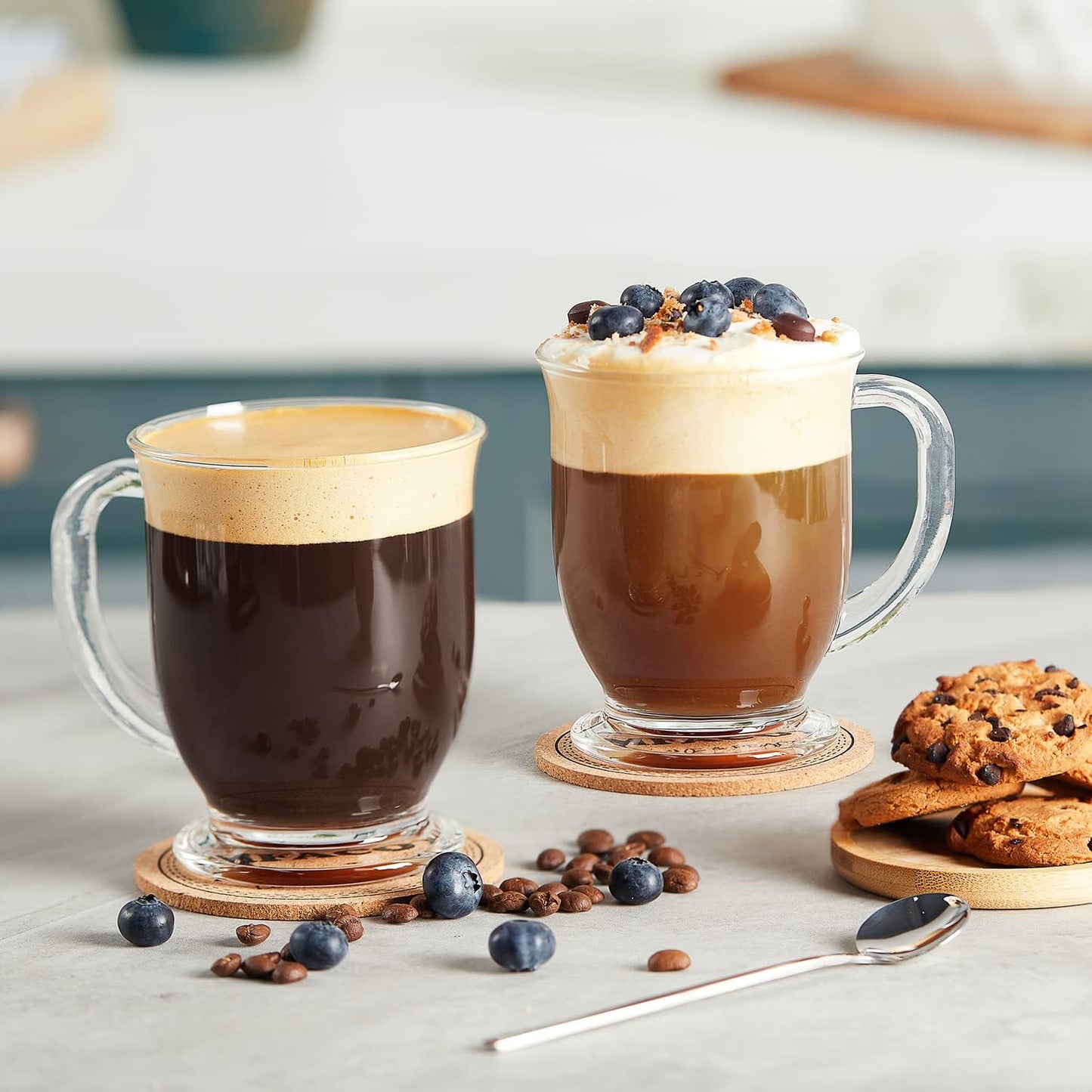 4 tazas de vidrio, transparente grande, de 15 oz con asas para bebidas calientes