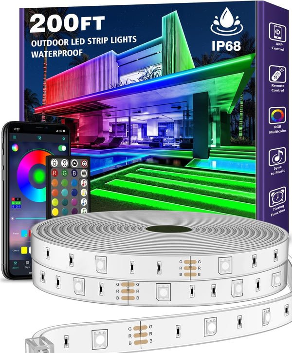 Tira de luces LED para exteriores, 200FT, impermeable, control rem.