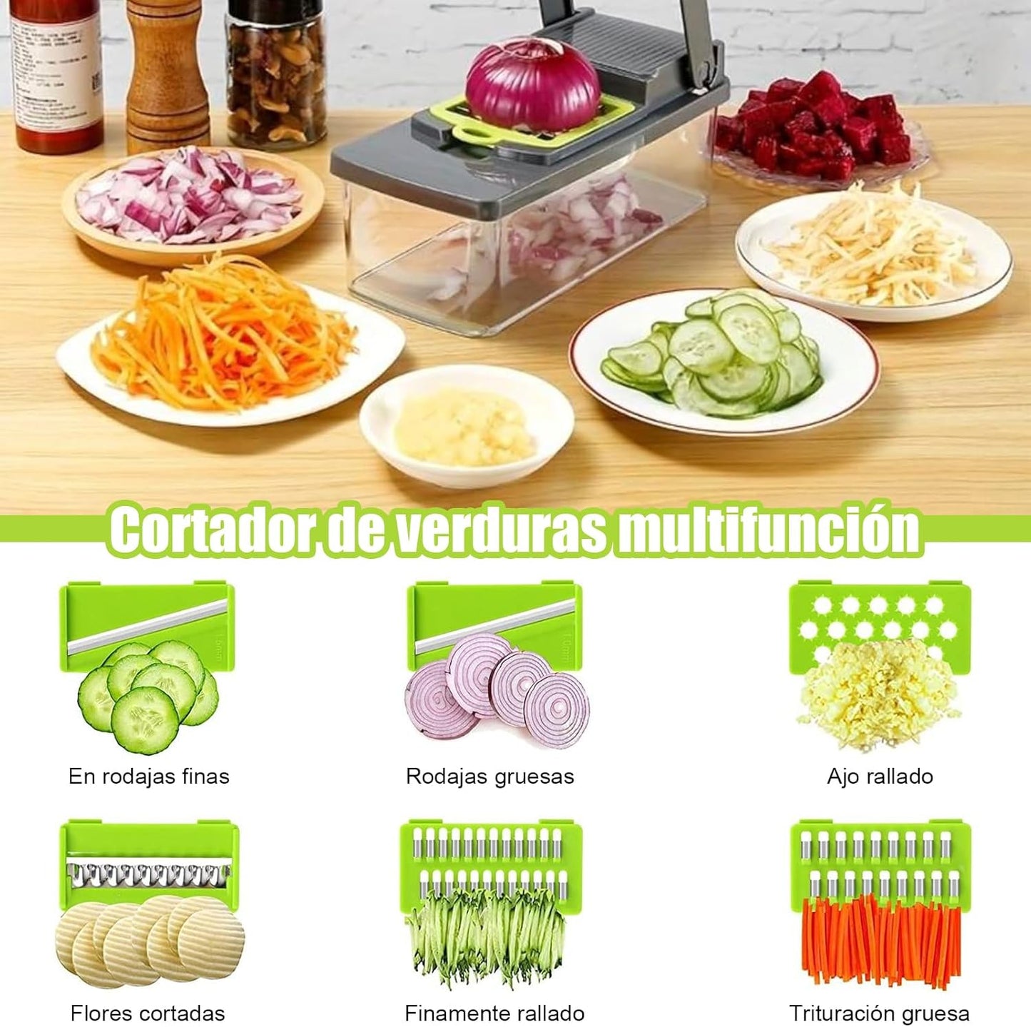 Cortador de Verduras, 16 en 1, 7 Cuchillas de Acero Inoxidable.