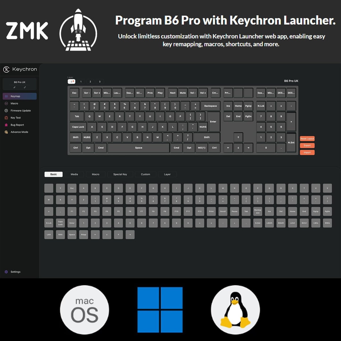 Teclado Inalámbrico, Tamaño Completo, ZMK, Bluetooth/2,4 GHz.