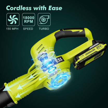 Soplador de hojas inalámbrico, eléctrico de 21 V con 2 baterías y cargador.