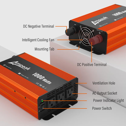 Inversor de 1000 W de 12 V a 110 V,  de 2 Salidas de CA,AMPEAK