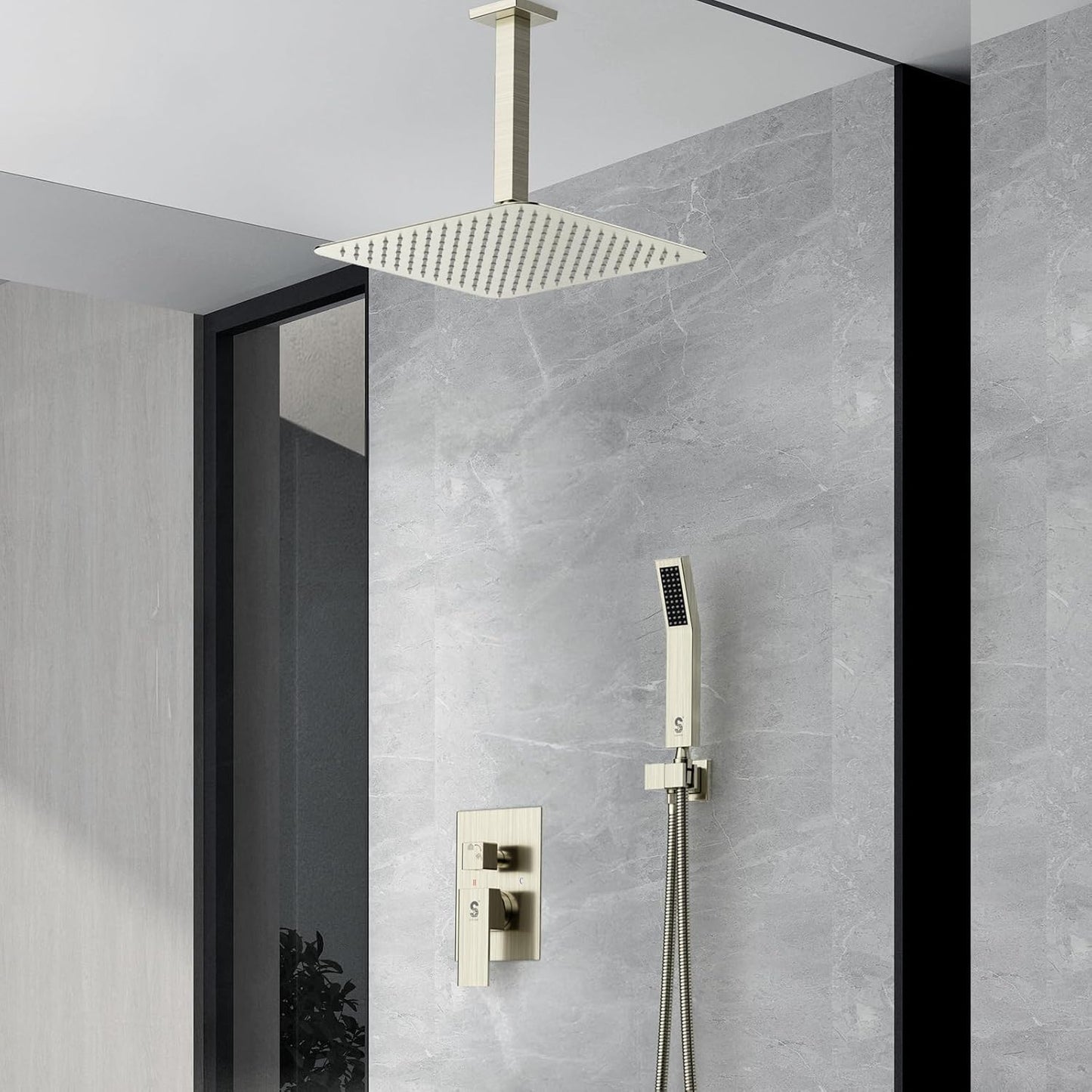 Sistema de ducha de níquel cepillado de 12", con cuerpo de valvula.