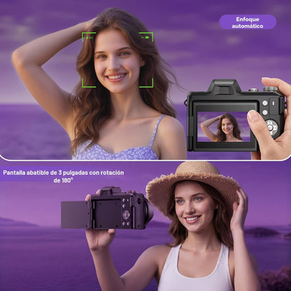 Cámara digital 4K para fotografía, pantalla 180°-3", zoom 16X, 32 GB