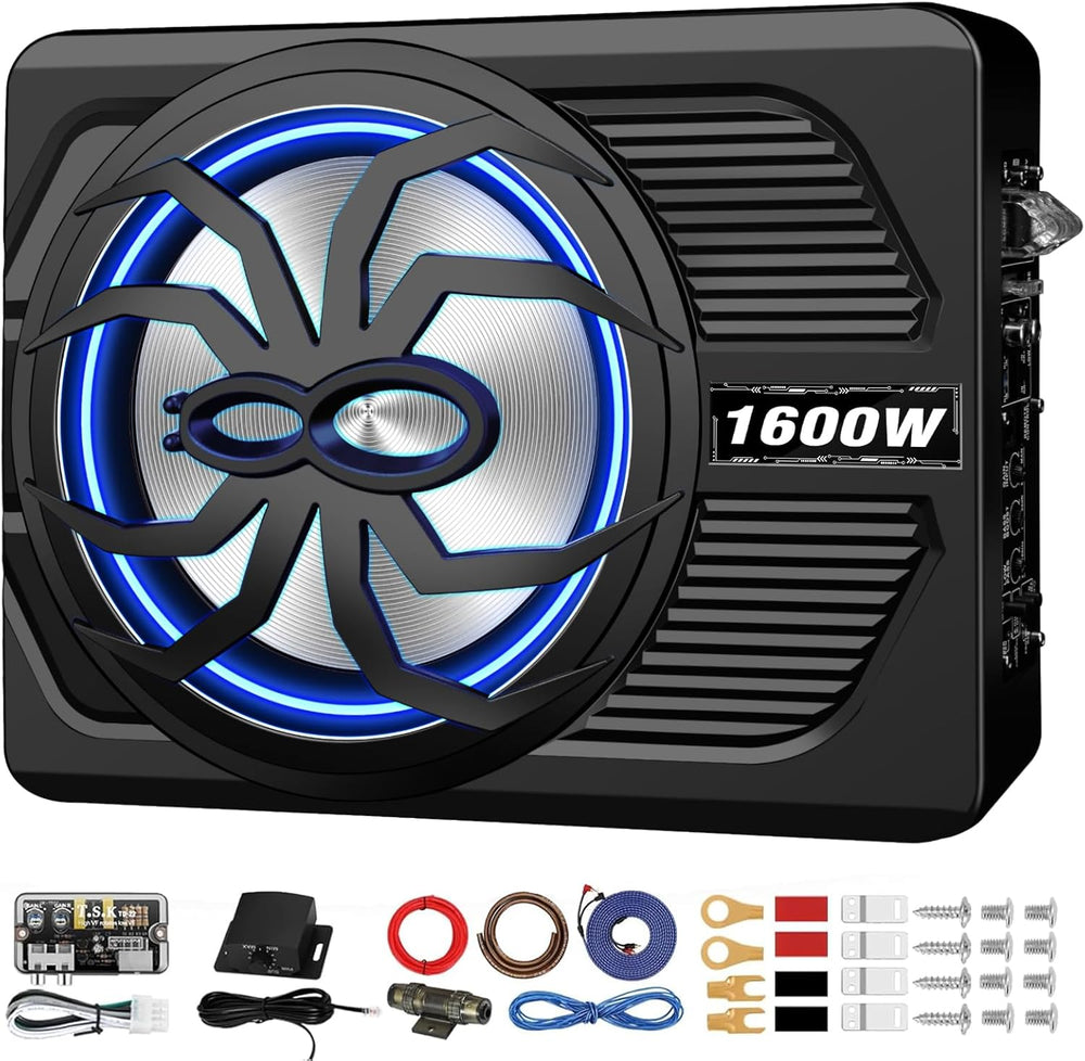Subwoofer y amplificador, 1600 W para debajo del asiento, con luz LED.