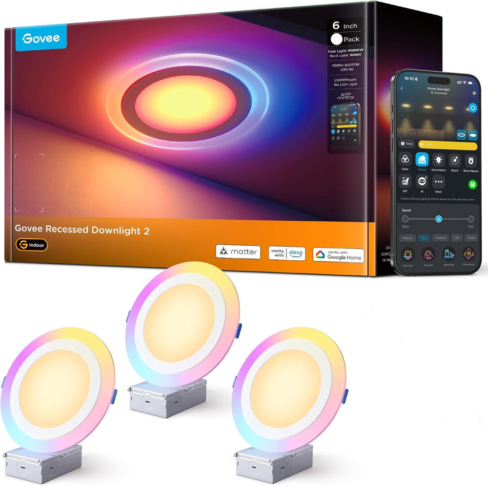 Iluminación Govee, empotrable inteligente 6", LED RGBIC (3 PIEZAS)